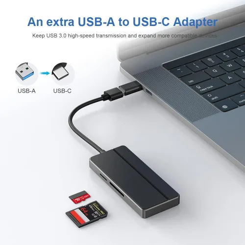 Vista 4 de Orlian Hub adaptador USB 3.0 5 en 1, con 3 puertos USB 3.0, lector de tarjetas SD y microSD, adaptador USB A a USB C, para MacBook Pro, iMac, XPS