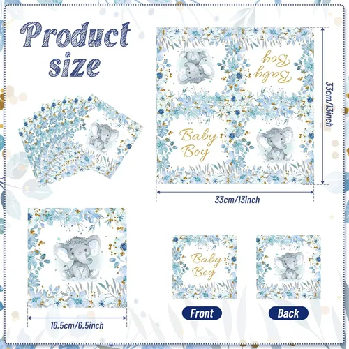 Vista 3 de Outus 100 servilletas de elefante azul para baby shower, decoraciones de baby shower para niños, cócteles, postres, servilletas de papel desechables