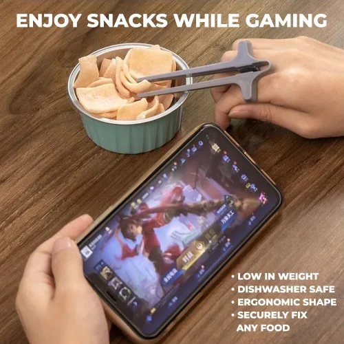 Vista 4 de Scooken 6 palillos de dedo para jugadores – Pinzas para agarrar aperitivos soporte en U – Utensilios para jugadores de aperitivos – Plástico