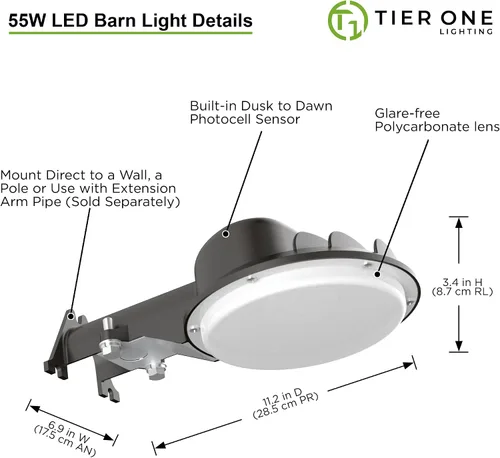 Vista 2 de Luz LED de granero de 55 W, iluminación de patio del anochecer al amanecer con fotocélula con fotocélula luz de seguridad LED de cielo oscuro, luz