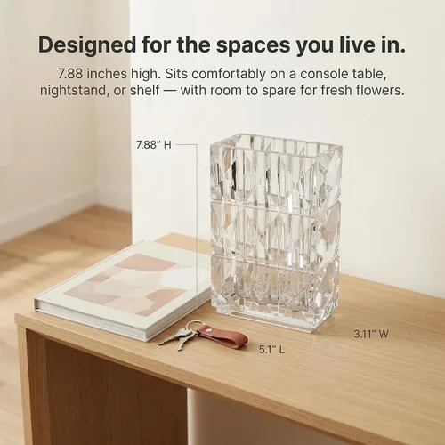 Vista 4 de Clear Crystal Flower Vase Heavyweight Glass Centerpiece Modern Rectangular Decorative Vases for Living Room Minimalist Home Decor Securely Packaged