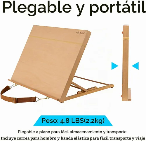 Vista 5 de MEEDEN Caballete de mesa A2 de madera para pintar, tablero ajustable de dibujo y boceto de 5 posiciones con correa para el hombro, caballete