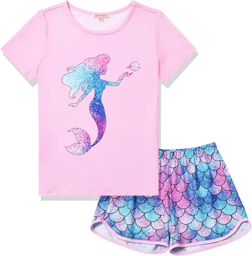 Vista 7 de QPANCY Pijamas de verano para niñas, conjuntos de pijamas de manga corta para dormir de verano