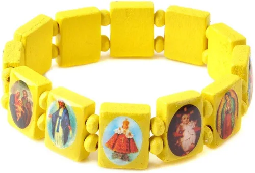 Vista 7 de yantu Pulsera elástica de panel pequeño de madera extraíble con imágenes de santos religiosos, Jesús y rosario, Madera