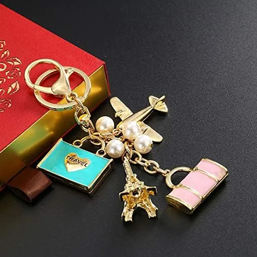 Vista 5 de Llavero Llavero de cristal, 1 juego de decoración roja para suministros de automóvil, regalo para mujeres y niñas, decoraciones de diamantes