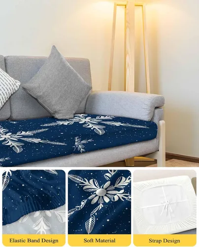 Vista 4 de Fundas de cojín para sofá con diseño de copo de nieve blanco, lavables, para invierno, Navidad, vacaciones, color azul, extraíble, elásticas