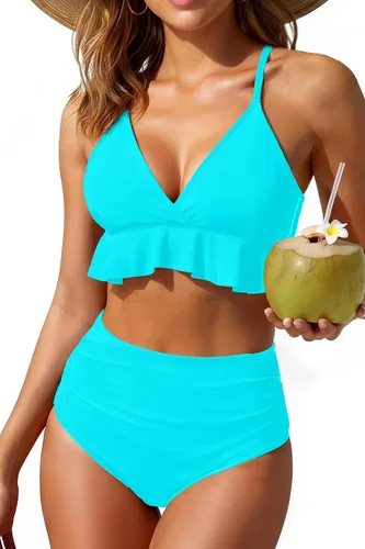 Vista 13 de Tempt Me - Traje de baño de dos piezas para mujer, bikini de cintura alta con volantes y control de abdomen Rojo neón