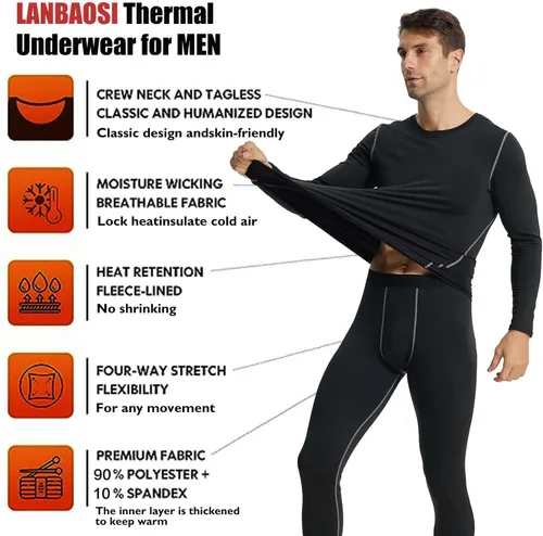 Vista 4 de LANBAOSI Conjunto de ropa interior térmica para hombre, conjunto de pantalones largos con forro polar, capa base cálida, trajes de compresión