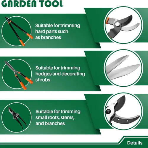 Vista 2 de Garden Tools - Juego de 3 tijeras de jardinería con podadora, cortasetos y tijeras de podar, cortador de ramas para árboles, flores, plantas, bonsái