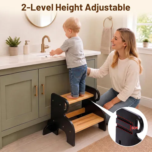 Vista 4 de COSYLAND Taburete de madera de 2 escalones para niños, baño y cocina Negro y natural