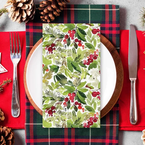 Vista 6 de Servilletas de papel desechables de 3 capas con diseño de muérdago en acuarela para Navidad, invierno, bayas, cena, servilletas de mano