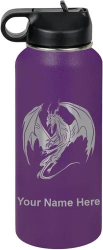 Vista 46 de LaserGram Botella de agua con tapa abatible de doble pared de 12 onzas con pajilla, dragón, grabado personalizado incluido (negro)