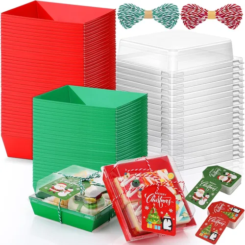 Vista 10 de Yaomiao 50 piezas de cajas de charcutería de Navidad con cuerdas y tarjetas, caja de comida de Navidad con tapas transparentes, contenedores