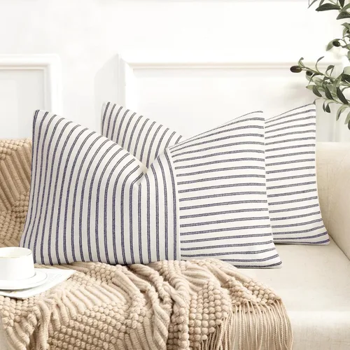 Vista 33 de Fundas de almohada de granja de 12 x 20 pulgadas, 2 fundas de almohada lumbares modernas, decorativas, de lino, con retazos de rayas negras y beige