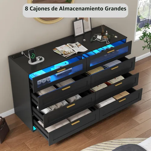 Vista 5 de Cómoda con 8 cajones con estación de carga, cómoda blanca para dormitorio con luces LED, cómoda moderna para armario, organizador de cómodas dobles