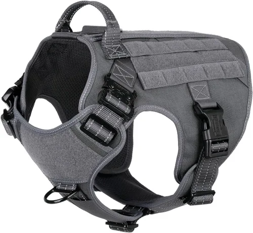 Vista 20 de ICEFANG - Arnés táctico para perros, talla S, con 2 hebillas de metal, chaleco para transportar carga, ligero y modular (MOLLE) con mango, clip