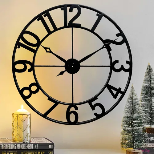 Vista 12 de CLXEAST Relojes de pared de 24 pulgadas para decoración de sala de estar, reloj de pared grande de metal negro que funciona con pilas Número arábigo