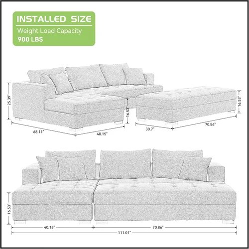 Vista 2 de KEVINSPACE Juego de sofá modular de 3 piezas de 111.5 pulgadas, juego de muebles de sala de estar, sofá moderno con reposapiés, asientos otomanos