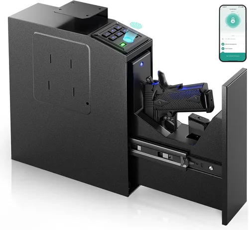 Vista 10 de Caja fuerte para armas, caja fuerte biométrica deslizante para pistola de mano, 4 formas de desbloqueo con huella digital, acceso por clave, código