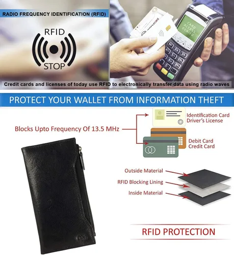 Vista 4 de Mou Meraki - Cartera larga de piel auténtica con bloqueo RFID, plegable vintage para hombres