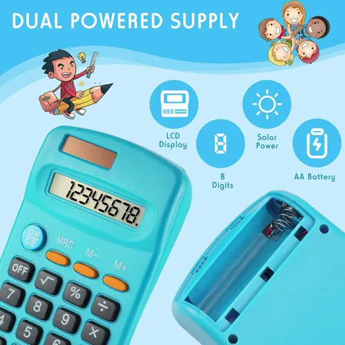 Vista 4 de Paquete de 12 mini calculadoras básicas de tamaño de bolsillo para estudiantes, pantalla de 8 dígitos, batería solar de doble potencia, escritorio