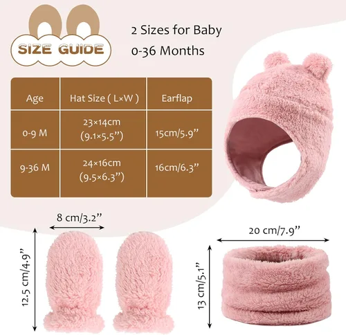 Vista 7 de Conjunto de gorro y manoplas de forro polar para bebé, gorro de invierno para niños pequeños, bufanda cálida con orejas de bebé, bufandas