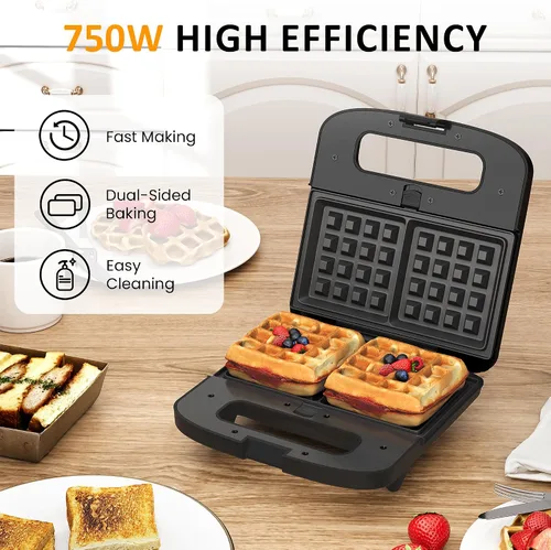 Vista 6 de Máquina 3 en 1 para Gofres, Parrilla y Sándwiches, Sandwichera Prensa Panini Plancha de Gofres con Placas Antiadherentes Extraíbles y Luces