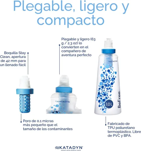 Vista 3 de Katadyn BeFree - Botella de filtro de agua plegable ultraligera de 1.0L para senderismo, camping, mochilero