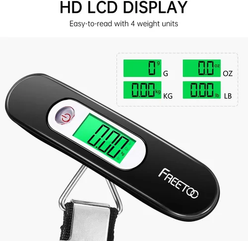 Vista 10 de FREETOO Báscula de equipaje portátil digital colgante para viajes, báscula de peso de maleta con laca de piano superior, capacidad de 110 libras