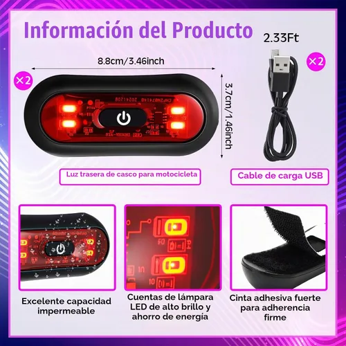 Vista 2 de Tujoe Juego de 2 luces LED rojas para casco trasero de motocicleta, luces traseras recargables para casco de advertencia de seguridad con cable USB