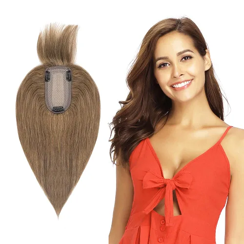 Vista 14 de MY-LADY Top Hairpieces para mujer con flequillo, base mono natural, 100% cabello humano real, clip en pieza de cabello lacio en medio para pérdida