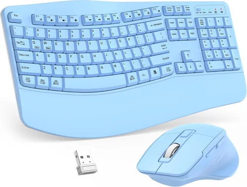 Vista 11 de Combo de teclado y mouse inalámbricos, teclado ergonómico de tamaño completo 2.4G con diseño de teclas onduladas y reposamuñecas, mouse ergonómico