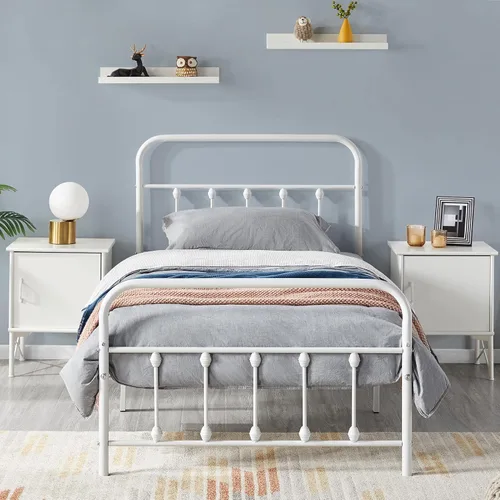 Vista 21 de Yaheetech Base de cama con plataforma de metal, cabecero y estribo Bronce