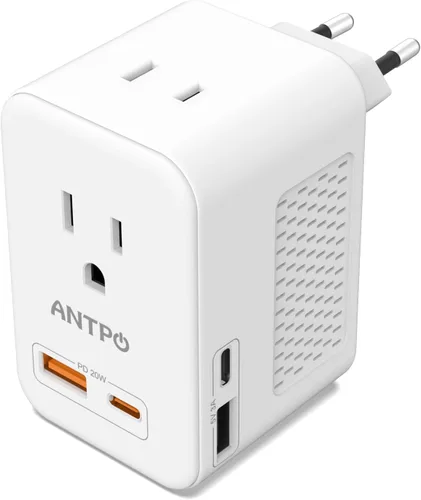 Vista 8 de ANTPO - Convertidor de voltaje de 220 V a 110 V de EE. UU. a Europa con 2 puertos USB, 2 USB C PD 20 W, 2 salidas de CA convertidor de viaje