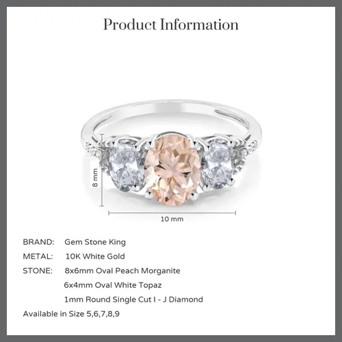 Vista 43 de Anillo de compromiso ovalado de oro blanco de 10 quilates con piedra natal y topacio blanco de 3 piedras con detalles de diamante Centro de 0.315