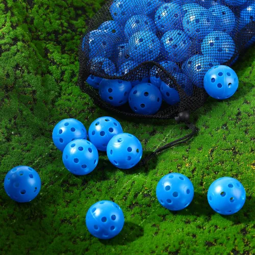 Vista 4 de MiniInflat Paquete de 80 pelotas de práctica de golf con vuelo limitado de 42 mm, pelota de entrenamiento de golf de plástico hueca con flujo de Azul