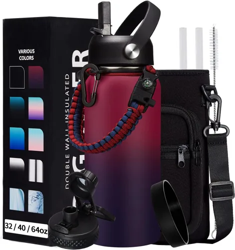 Vista 49 de Botella de agua aislada de 1 galón, con popote y tapa de pico automático, mango de paracord, funda para botella, botella de agua de acero inoxidable