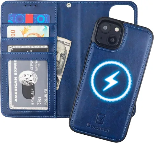 Vista 13 de Bocasal Funda tipo cartera desmontable para iPhone 14 con bloqueo RFID, ranuras para tarjetas, soporte de piel sintética de alta calidad, soporte