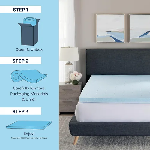 Vista 2 de Essentials - Cubrecolchón de espuma viscoelástica de 2 pulgadas, con infusión de gel, diseño ventilado, espuma certificada CertiPUR-US, color azul