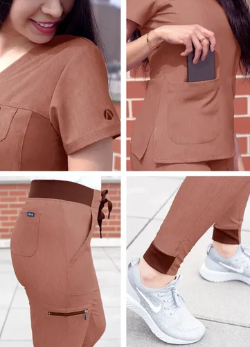 Vista 5 de Adar Pro - Conjunto de ropa quirúrgica con mejora de movimiento para mujer, blusa médica con cuello en V y pantalón médico deportivo y para yoga
