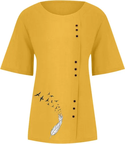 Vista 4 de Ceboyel Lindas camisetas de lino con estampado de plumas para mujer, camisas de verano de manga corta, ajuste holgado, blusas bohemias, ropa de moda