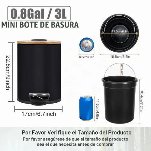 Vista 2 de SIDIANBAN Mini bote de basura con tapa de bambú, cierre suave y pedal Negro