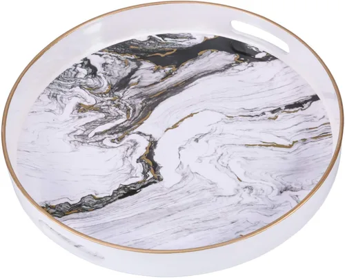 Vista 13 de Bandeja decorativa redonda, plástico mármol con asas, tocador moderno y para servir otomana, mesa auxiliar, cocina y baño, tamaño 13 pulgadas, negro