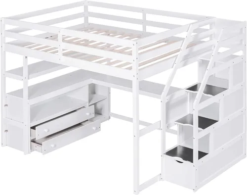 Vista 9 de Quarte Cama alta multifuncional, cama alta tamaño matrimonial con escritorio integrado y estantes de almacenamiento, dos cajones y escalera