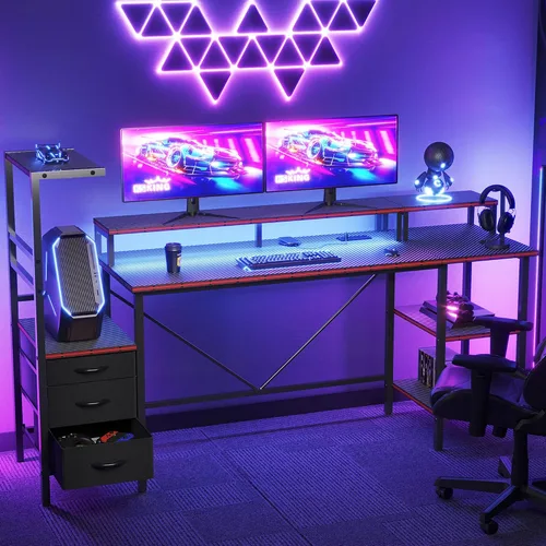 Vista 46 de Mericonia Escritorio para computadora en forma de L con tomas de corriente, escritorio para juegos reversible con estantes de almacenamiento y Marrón