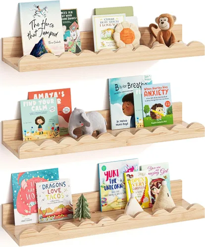 Vista 11 de G&W Gruwald Juego de 3 estantes para libros de guardería, decoración de guardería para bebés y niños pequeños, estantes festoneados, estante