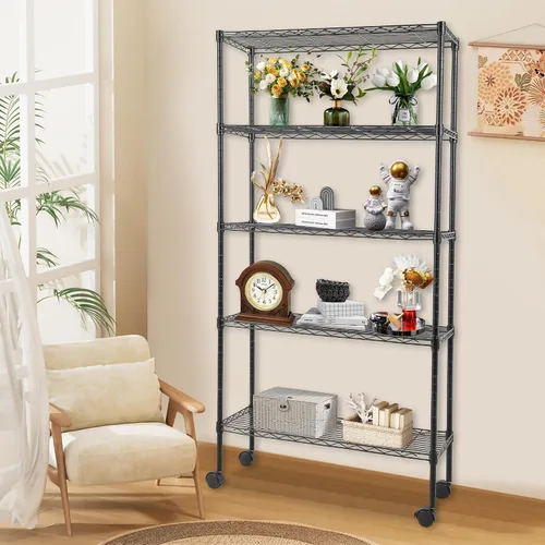 Vista 2 de FDW Estante de metal ajustable de 5 niveles con ruedas, capacidad de 250 libras, fácil montaje, ideal para espacios pequeños Negro