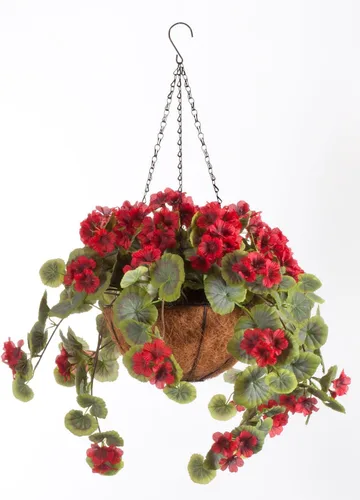 Vista 4 de OakRidge Miles Kimball - Cesta colgante de geranio artificial totalmente montada, 10 pulgadas de diámetro y cadena de 18 pulgadas, diseño de flores