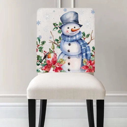 Vista 9 de Paquete de 4 fundas de respaldo de silla de Navidad con muñeco de nieve azul para sillas de comedor, fundas extraíbles lavables para silla