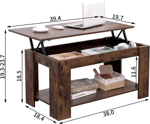 Vista 3 de Mesa auxiliar elevable con compartimento oculto y estante de almacenamiento, mesa elevada para sala de estar y sala de recepción (marrón rústico)
